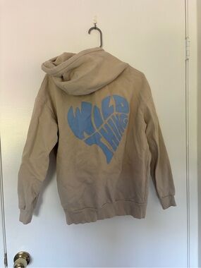 Subdued Beige Hoodie with Blue Heart Graphic